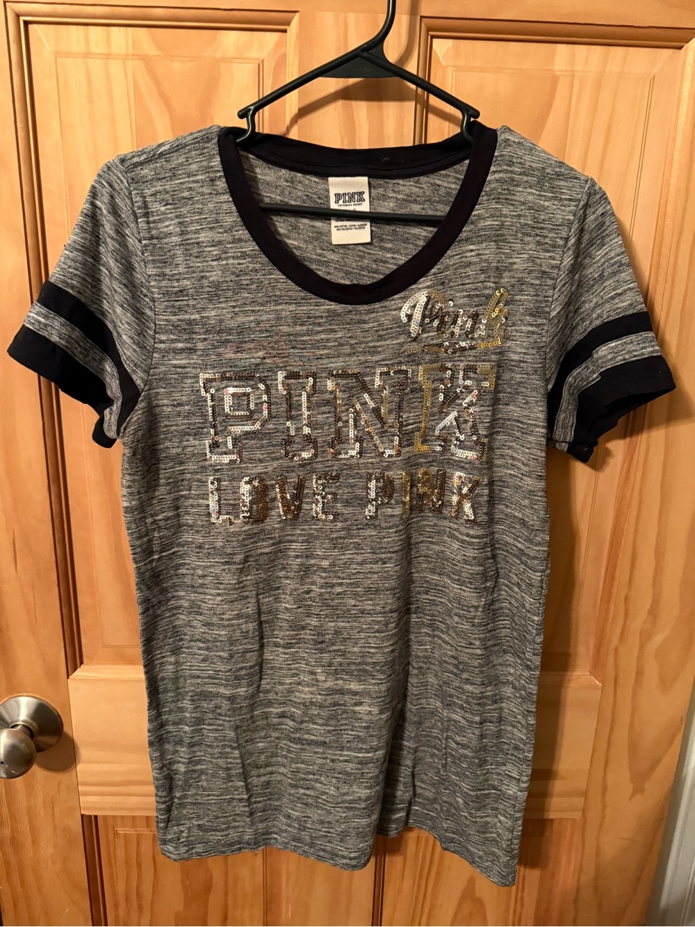 Like New, Victoria’s Secret Pink T-Shirt With Sequins Size Large. Shirt Says Pin